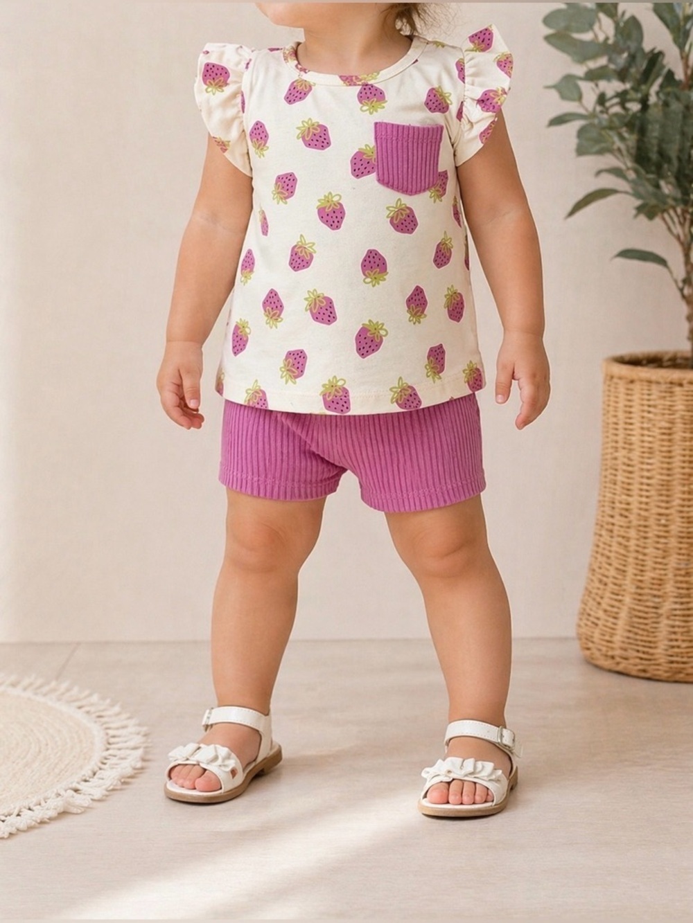 PL Baby 12M Strawberry Outfit Pink Rib Shorts Set Girl